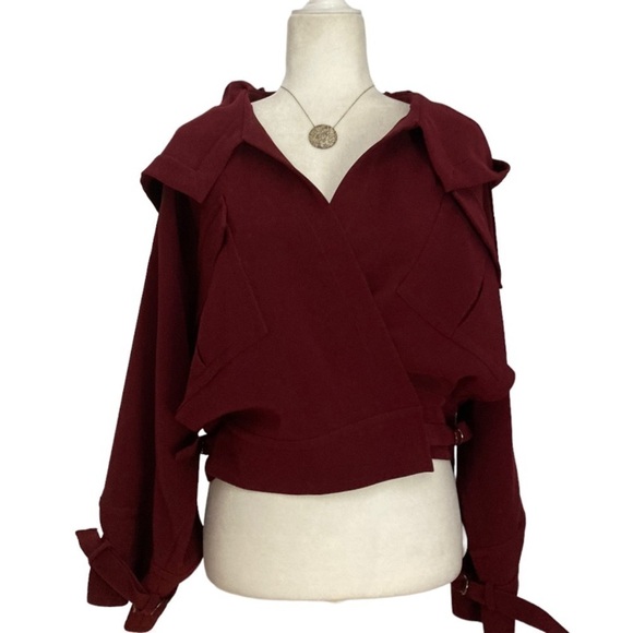 NWT Relative Pi Flap Pocket Slouchy Hooded Bomber Jacket in Mahogany Berry - Picture 12 of 12
